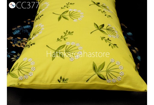 Yellow Embroidered Throw Pillow Euro Sham Rectangle Decorative Home Decor Cotton Pillowcase Cushion Cover Housewarming Bridal Shower Gift.